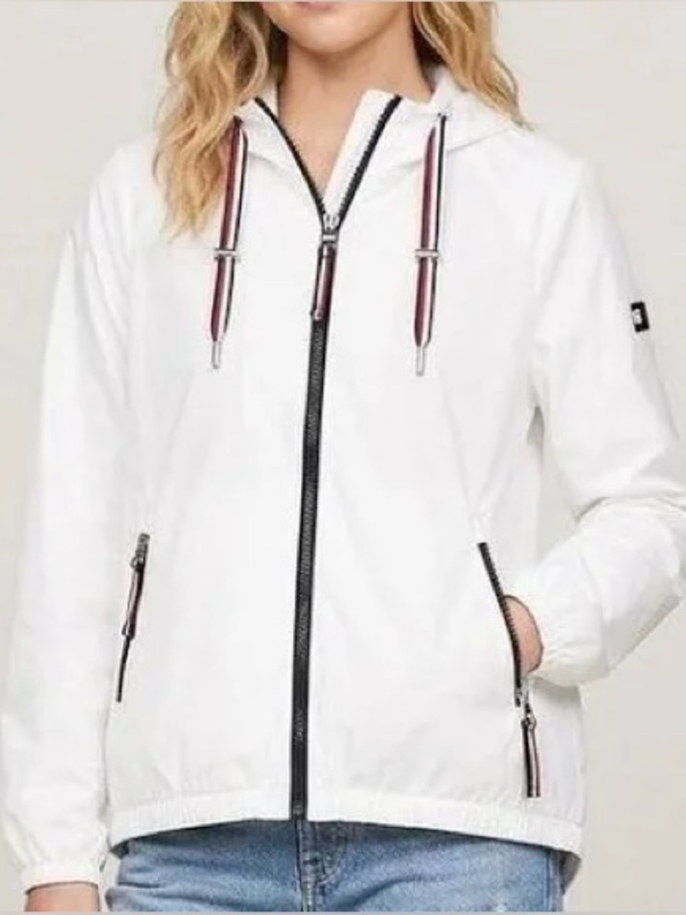 Tommy Hilfiger White Hooded Windbreaker rain coat with Signature Stripe Trim
